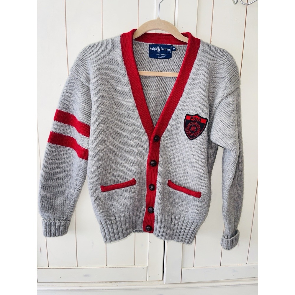 Vintage Ralph Lauren Wool Cardigan Sweater Mens M Grey Red Crest Patch Varsity